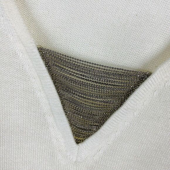 White House Black Market Size Medium Ball Chain V-Neck Tunic Sweater Ivory - Picture 3 of 5